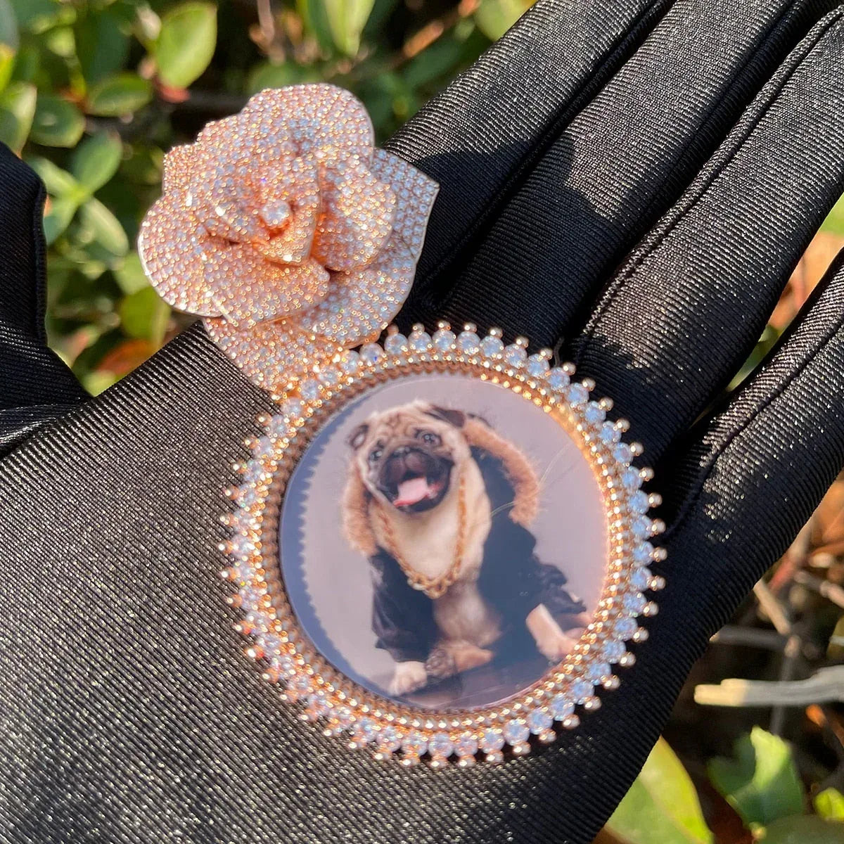 Rose Flower Bail Round Tennis Custom Photo Picture Pendant Necklace - Personalized Jewelry - CaratixJewelry